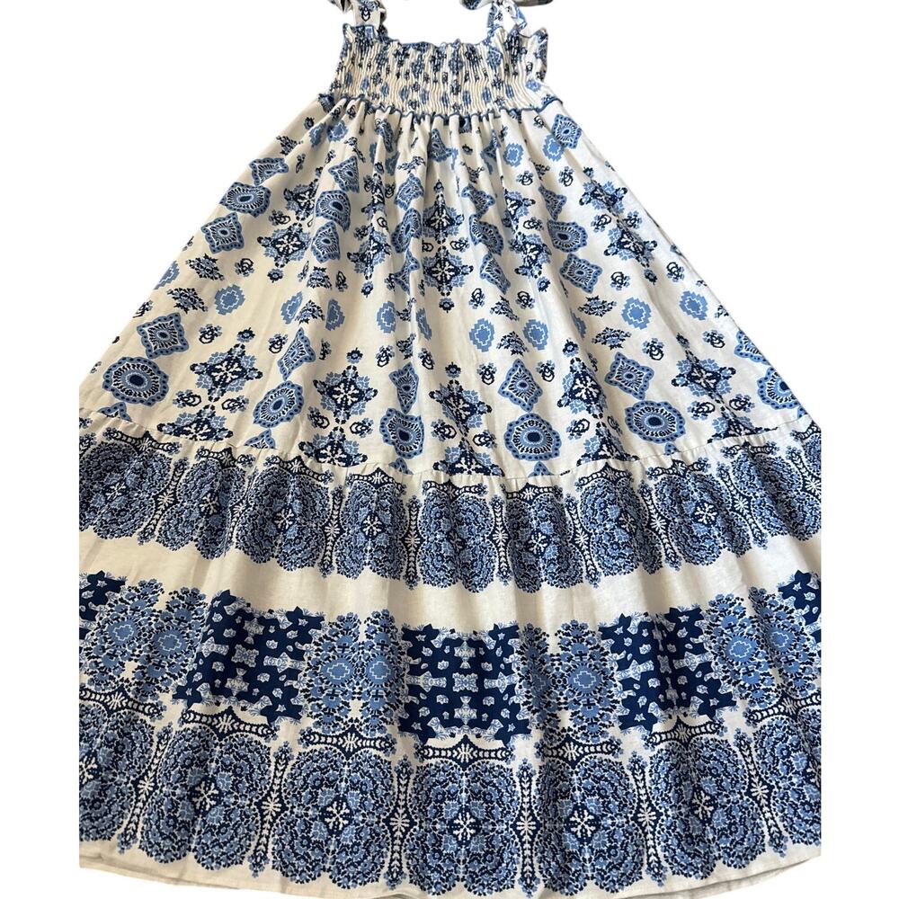 Zara Smocked Tie Strap Boho Linen Maxi Tiered‎ Dress Grecian Print Size Large - Picture 7 of 10